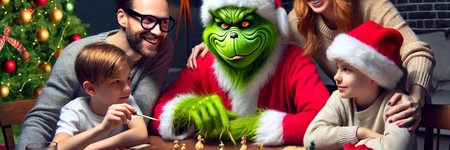 Il Grinch che gioca a un gioco da tavola insieme a una famiglia.