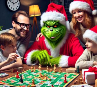 Il Grinch che gioca a un gioco da tavola insieme a una famiglia.