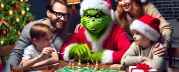 Il Grinch che gioca a un gioco da tavola insieme a una famiglia.