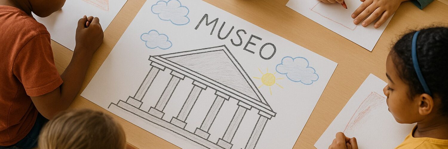 quattro bambini disegnano con i pastelli su un foglio di carta ciascuno la propria idea di museo