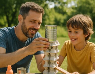 Un uomo e un bambino giocano insieme all'aperto costruendo una torre con portauova in cartone e una lattina di metallo, sorridendo mentre collaborano in un'attività creativa su un tavolo di legno, con uno sfondo di alberi verdi e luce estiva.