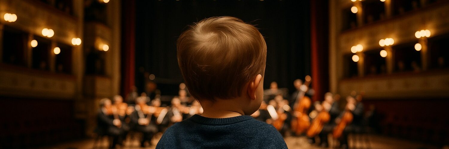 Un bambino di spalle, seduto in platea, osserva un’orchestra che si esibisce su un palcoscenico illuminato. La scena è ambientata in un teatro elegante con balconate e luci calde che creano un’atmosfera raccolta.