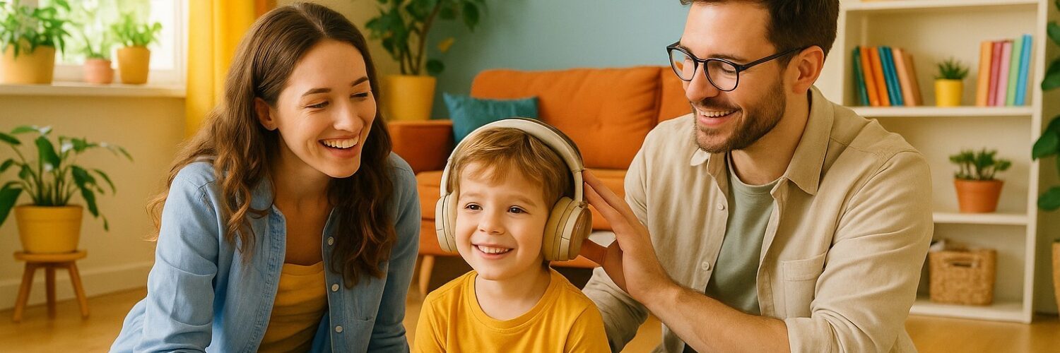 Una donna e un uomo seduti sul pavimento accanto a un bambino che indossa grandi cuffie e sorride. I tre sono in un soggiorno luminoso e colorato, con piante, libri e cuscini arancioni sullo sfondo. La scena trasmette un momento familiare sereno e giocoso.