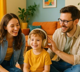Una donna e un uomo seduti sul pavimento accanto a un bambino che indossa grandi cuffie e sorride. I tre sono in un soggiorno luminoso e colorato, con piante, libri e cuscini arancioni sullo sfondo. La scena trasmette un momento familiare sereno e giocoso.