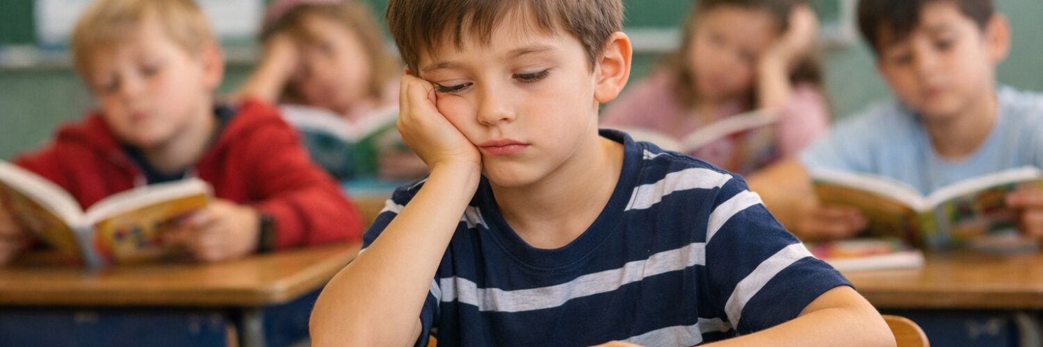 Un bambino seduto al banco in un’aula scolastica guarda il libro aperto con espressione annoiata, mentre altri bambini sullo sfondo leggono o fanno finta di leggere.