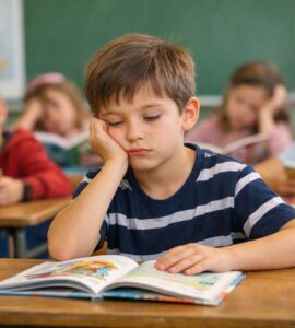 Un bambino seduto al banco in un’aula scolastica guarda il libro aperto con espressione annoiata, mentre altri bambini sullo sfondo leggono o fanno finta di leggere.
