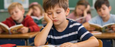 Un bambino seduto al banco in un’aula scolastica guarda il libro aperto con espressione annoiata, mentre altri bambini sullo sfondo leggono o fanno finta di leggere.