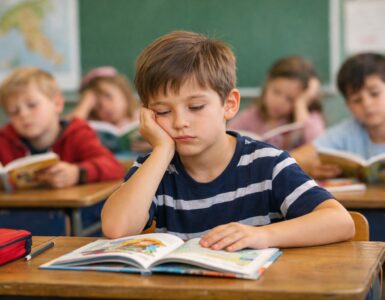 Un bambino seduto al banco in un’aula scolastica guarda il libro aperto con espressione annoiata, mentre altri bambini sullo sfondo leggono o fanno finta di leggere.