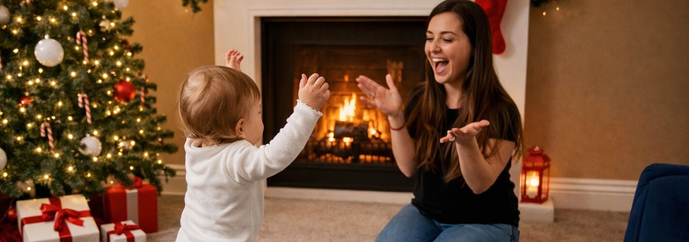 Bambino piccolo che balla con le braccia alzate su una moquette chiara, davanti a una donna inginocchiata che applaude. La scena è ambientata in un soggiorno decorato per Natale, con albero illuminato addobbato con palline e luci, regali alla base, camino acceso con calza appesa, lanterna decorativa a terra e divano blu visibile sul lato destro.