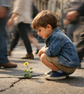 Un bambino piccolo accovacciato su un marciapiede cittadino affollato, intento a osservare con curiosità un singolo fiore giallo che cresce da una crepa nell'asfalto. Intorno a lui, le figure sfocate di molti passanti suggeriscono un movimento frenetico che contrasta con il momento di calma e meraviglia del bambino. Il piccolo indossa una giacca di jeans, pantaloni beige e scarpe da ginnastica blu.