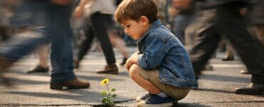 Un bambino piccolo accovacciato su un marciapiede cittadino affollato, intento a osservare con curiosità un singolo fiore giallo che cresce da una crepa nell'asfalto. Intorno a lui, le figure sfocate di molti passanti suggeriscono un movimento frenetico che contrasta con il momento di calma e meraviglia del bambino. Il piccolo indossa una giacca di jeans, pantaloni beige e scarpe da ginnastica blu.